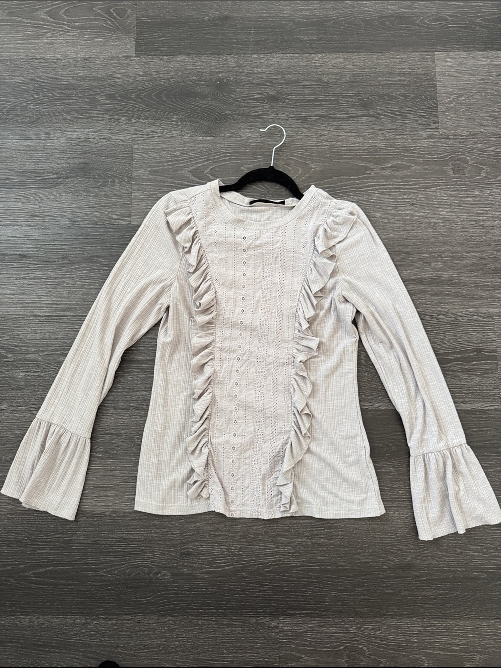 Doe & Rae Ruffle-Front Long Sleeve Top - grey